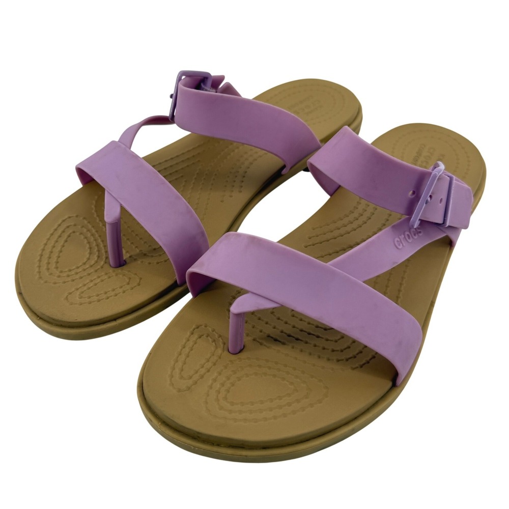 Crocs Tulum Toe Post Sandal Purple Tan Women 8 Slip On Buckle Casual Comfy